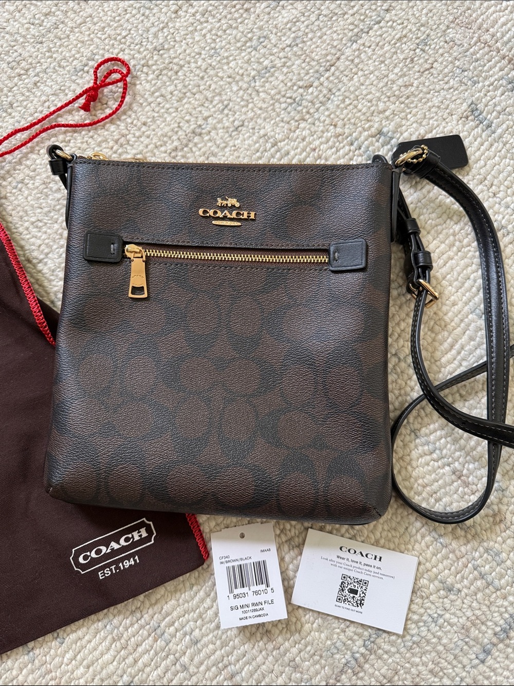 Coach Mini Rowan File Bag Signature Canvas Brown Black Crossbody CF340
